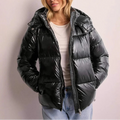 Puffer Jacket Glossy Black Hooded Women's Quilted Winter Coat – Casual, Holiday Outerwear