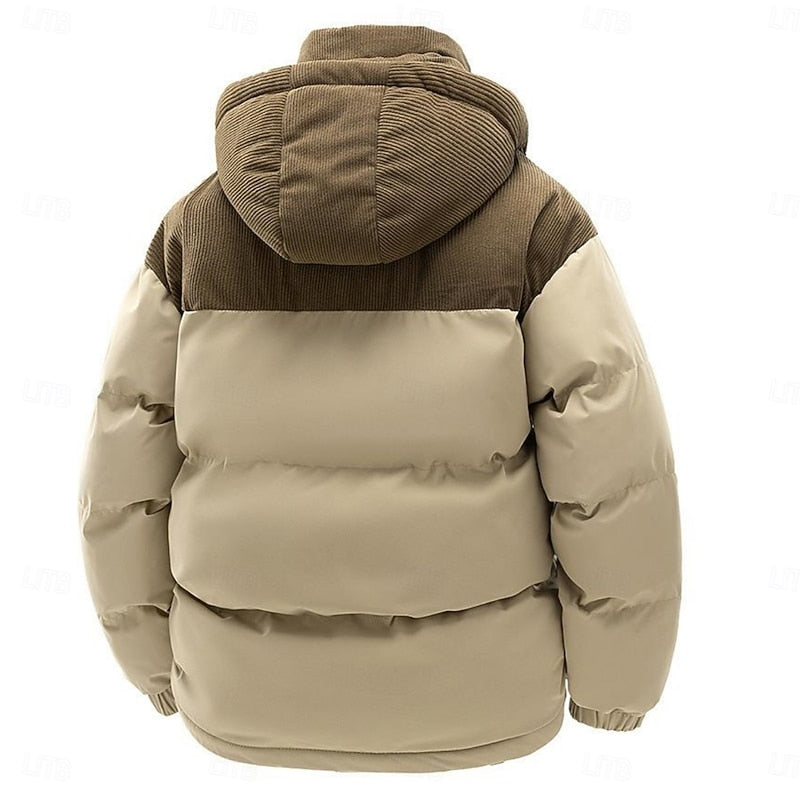 Puffer Jacket Men's Hooded Corduroy Colour-Block Khaki Brown – Casual, Winter, Warm Coat, Gift