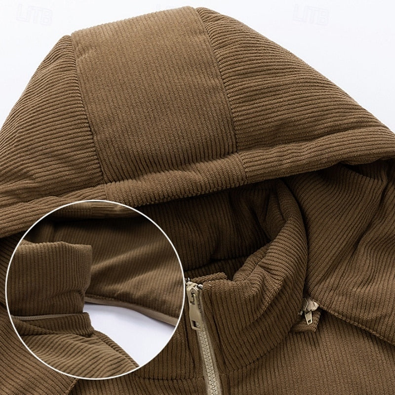 Puffer Jacket Men's Hooded Corduroy Colour-Block Khaki Brown – Casual, Winter, Warm Coat, Gift