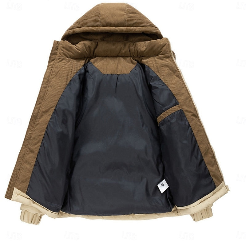 Puffer Jacket Men's Hooded Corduroy Colour-Block Khaki Brown – Casual, Winter, Warm Coat, Gift