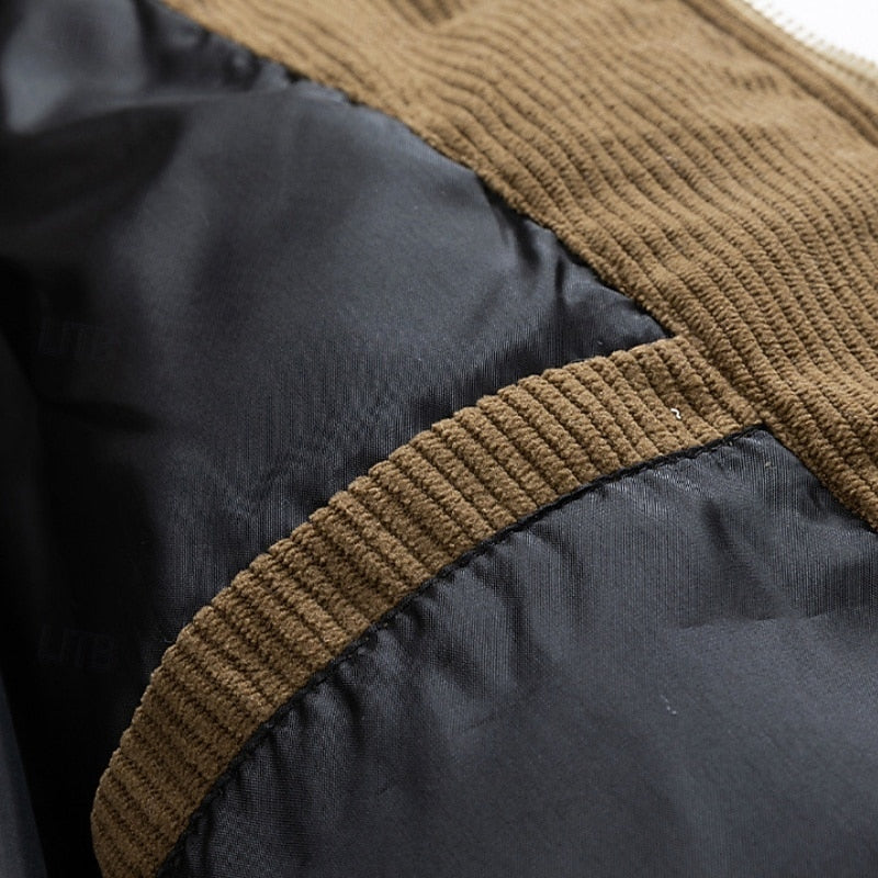 Puffer Jacket Men's Hooded Corduroy Colour-Block Khaki Brown – Casual, Winter, Warm Coat, Gift