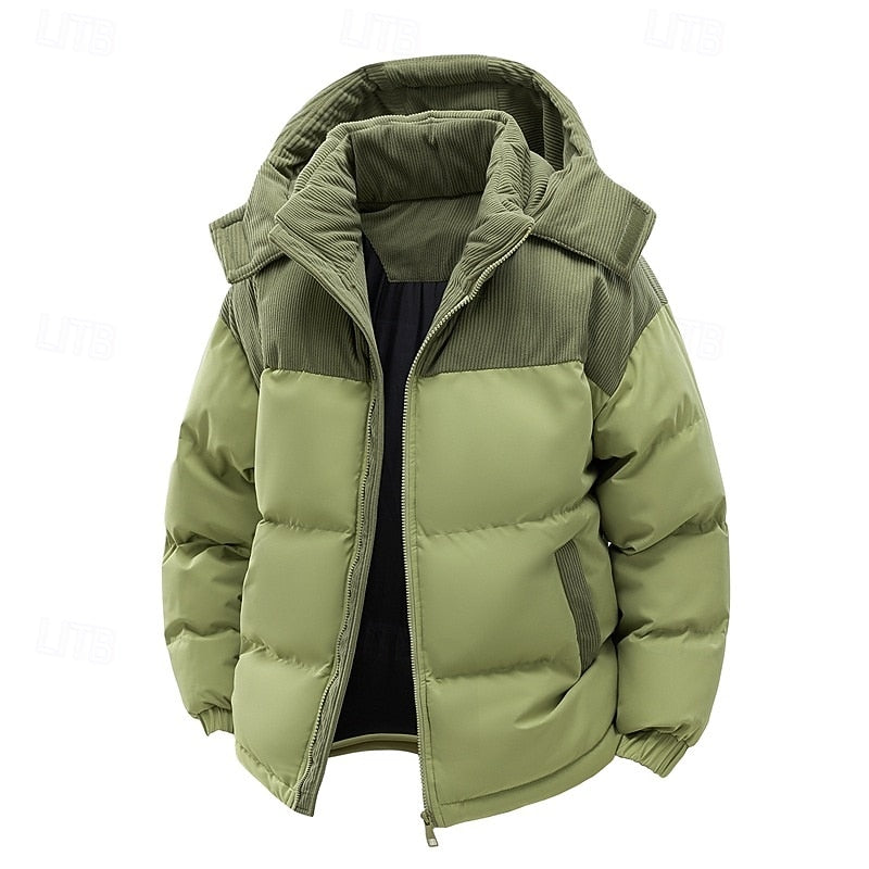 Puffer Jacket Men's Hooded Corduroy Colour-Block Khaki Brown – Casual, Winter, Warm Coat, Gift