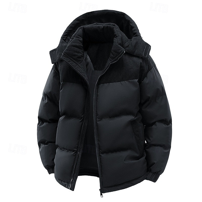 Puffer Jacket Men's Hooded Corduroy Colour-Block Khaki Brown – Casual, Winter, Warm Coat, Gift