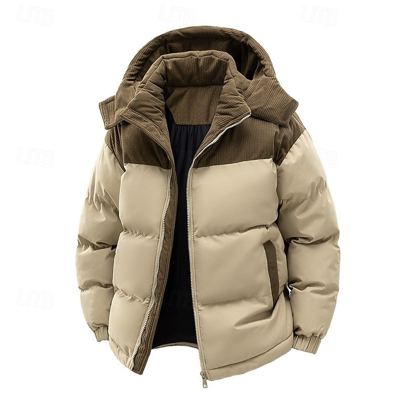 Puffer Jacket Men's Hooded Corduroy Colour-Block Khaki Brown – Casual, Winter, Warm Coat, Gift
