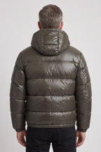 Puffer Jacket Men's Hooded Olive Green Glossy Zip-Front – Casual, Winter Outdoor, Everyday Warmth
