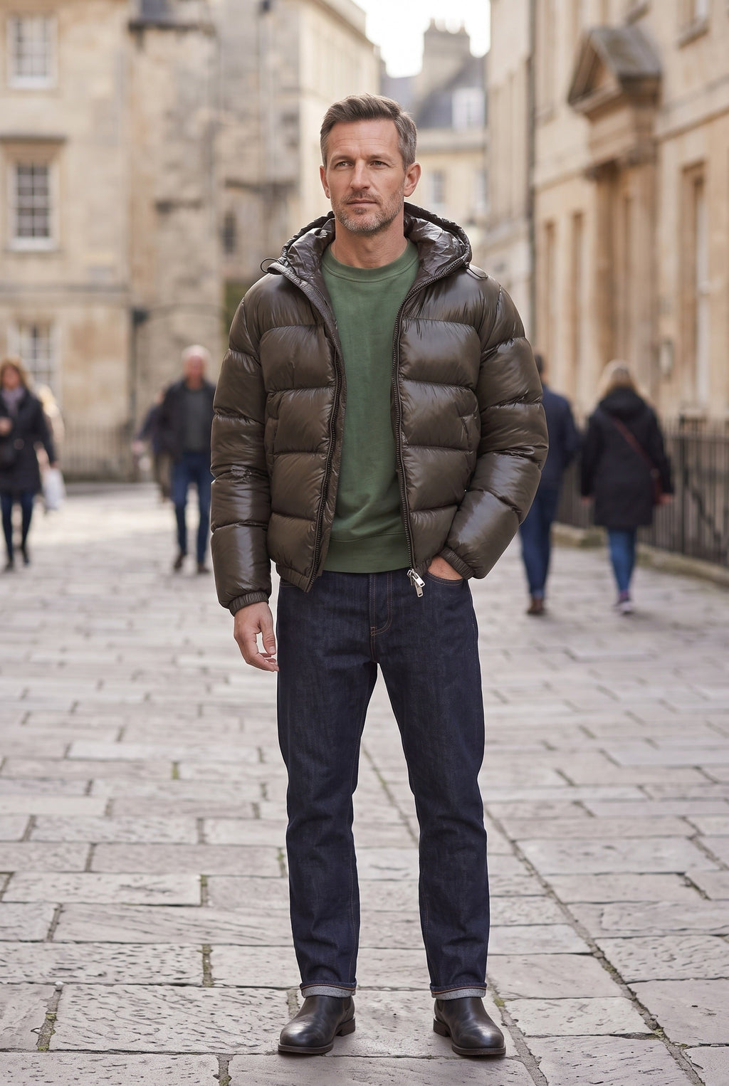Puffer Jacket Men's Hooded Olive Green Glossy Zip-Front – Casual, Winter Outdoor, Everyday Warmth