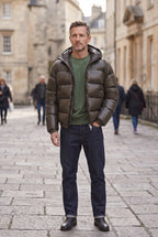 Puffer Jacket Men's Hooded Olive Green Glossy Zip-Front – Casual, Winter Outdoor, Everyday Warmth