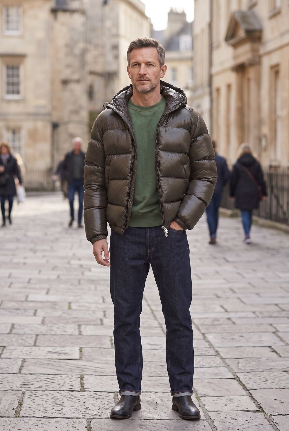 Puffer Jacket Men's Hooded Olive Green Glossy Zip-Front – Casual, Winter Outdoor, Everyday Warmth