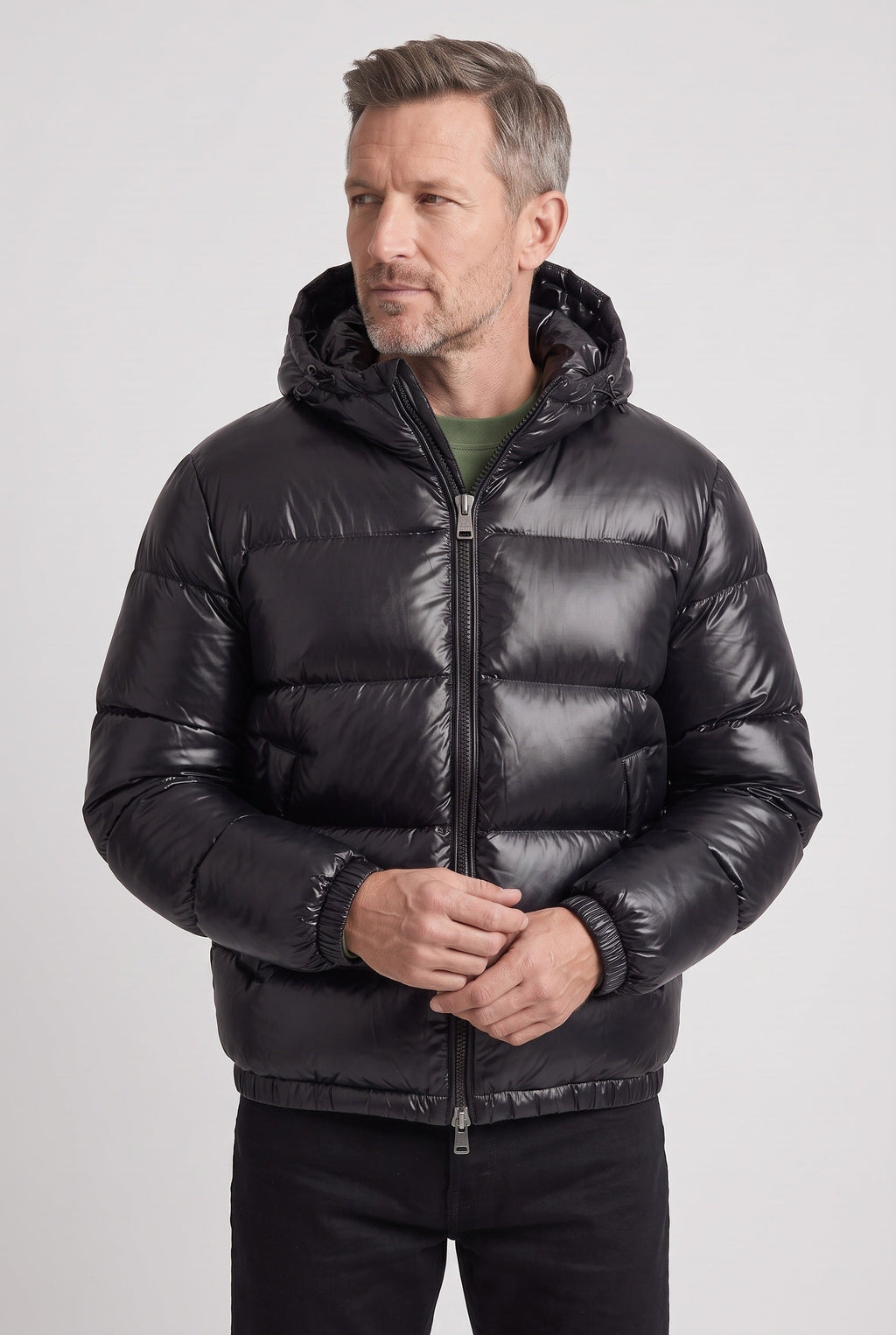 Puffer Jacket Men's Hooded Olive Green Glossy Zip-Front – Casual, Winter Outdoor, Everyday Warmth