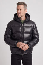 Puffer Jacket Men's Hooded Olive Green Glossy Zip-Front – Casual, Winter Outdoor, Everyday Warmth