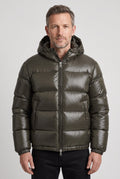 Puffer Jacket Men's Hooded Olive Green Glossy Zip-Front – Casual, Winter Outdoor, Everyday Warmth