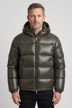 Puffer Jacket Men's Hooded Olive Green Glossy Zip-Front – Casual, Winter Outdoor, Everyday Warmth