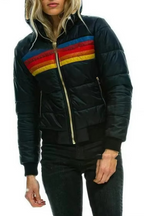 Puffer Jacket Women's Retro Rainbow Stripe Hooded Padded Coat – Casual, Winter Warm Outdoor Layering