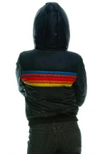 Puffer Jacket Women's Retro Rainbow Stripe Hooded Padded Coat – Casual, Winter Warm Outdoor Layering