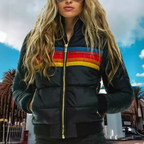 Puffer Jacket Women's Retro Rainbow Stripe Hooded Padded Coat – Casual, Winter Warm Outdoor Layering