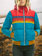 Puffer Jacket Women's Retro Rainbow Stripe Hooded Padded Coat – Casual, Winter Warm Outdoor Layering