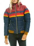 Puffer Jacket Women's Retro Rainbow Stripe Hooded Padded Coat – Casual, Winter Warm Outdoor Layering