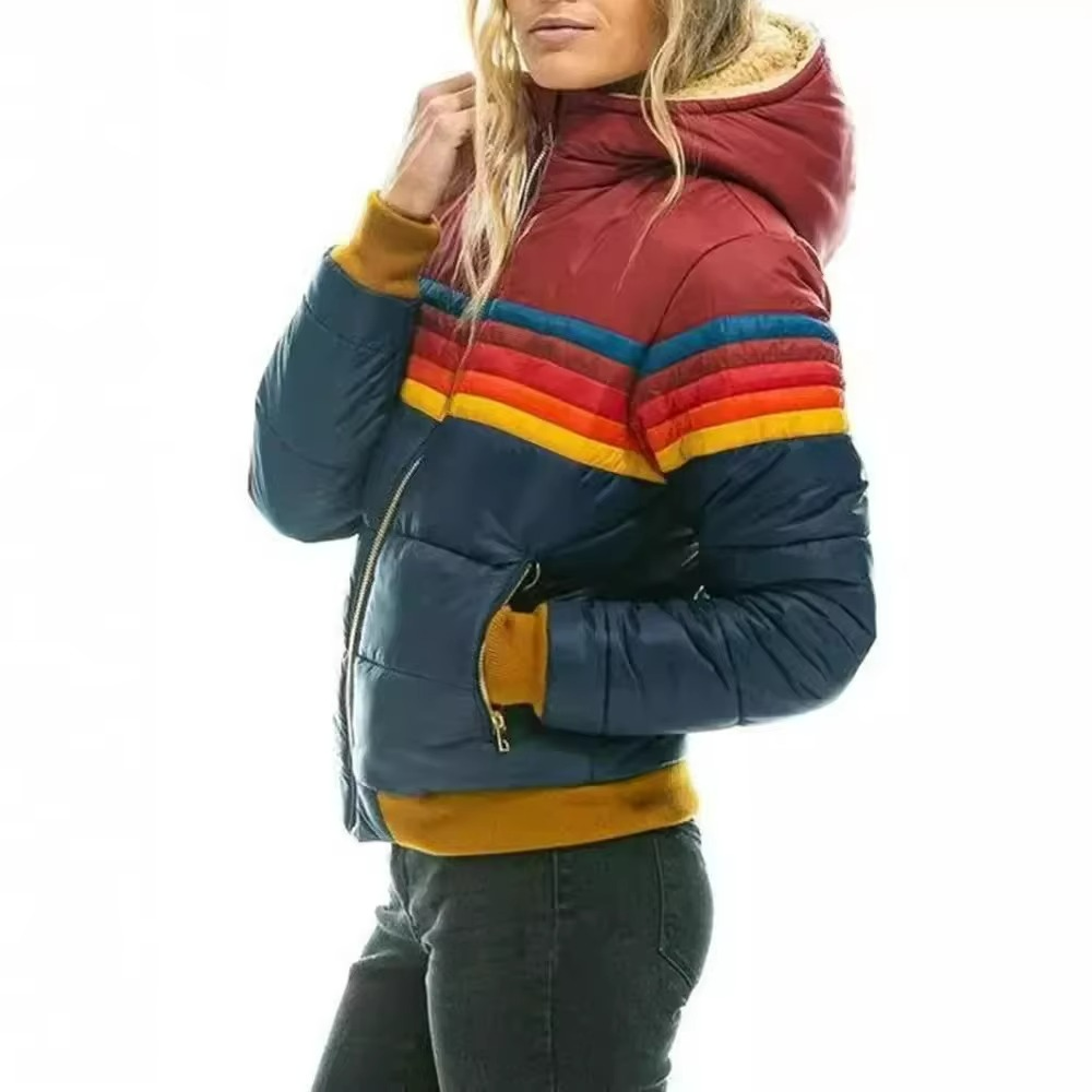 Puffer Jacket Women's Retro Rainbow Stripe Hooded Padded Coat – Casual, Winter Warm Outdoor Layering