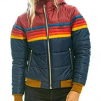 Puffer Jacket Women's Retro Rainbow Stripe Hooded Padded Coat – Casual, Winter Warm Outdoor Layering