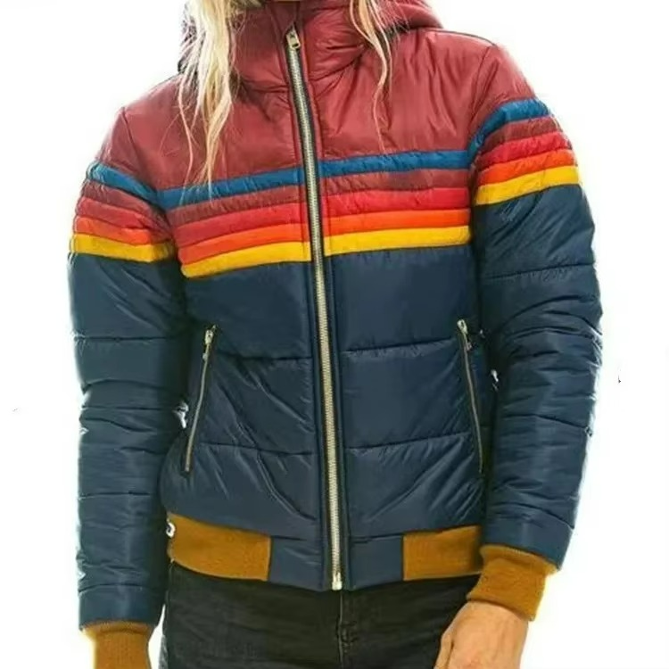 Puffer Jacket Women's Retro Rainbow Stripe Hooded Padded Coat – Casual, Winter Warm Outdoor Layering