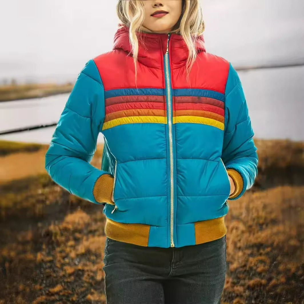 Puffer Jacket Women's Retro Rainbow Stripe Hooded Padded Coat – Casual, Winter Warm Outdoor Layering