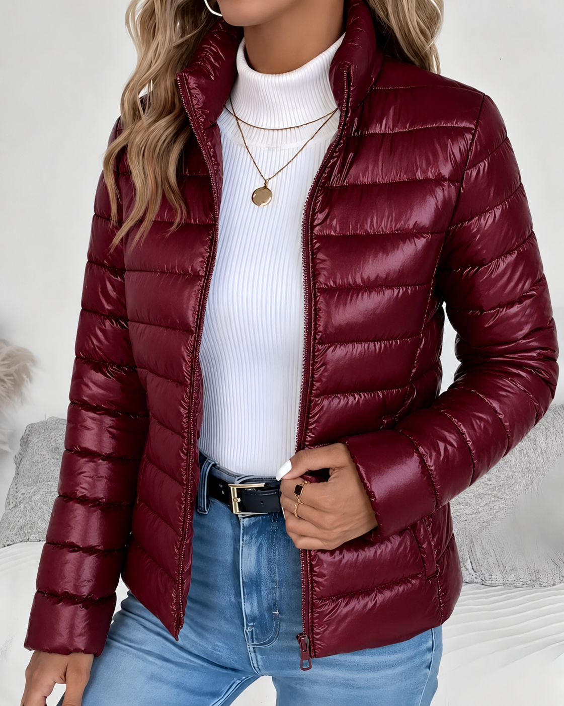 Puffer Jacket Women's Stand Collar Zip-Up Lightweight Quilted – Casual, Winter Layering, Gift