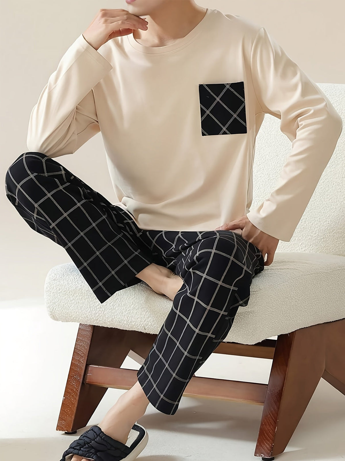 Pyjama Set Men's Long Sleeve Top Plaid Trousers – Loungewear, Sleepwear, Comfy Casual Gift