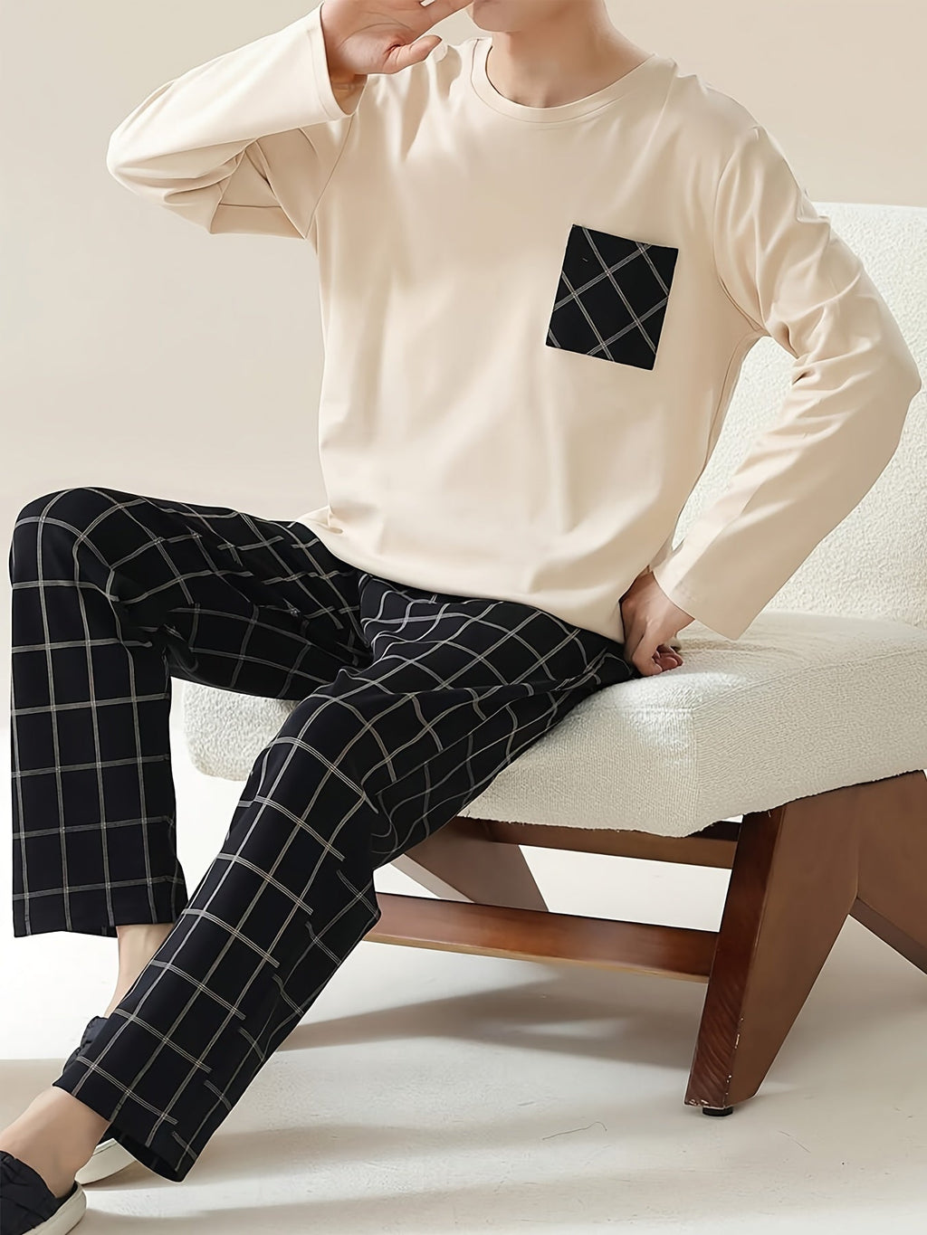 Pyjama Set Men's Long Sleeve Top Plaid Trousers – Loungewear, Sleepwear, Comfy Casual Gift