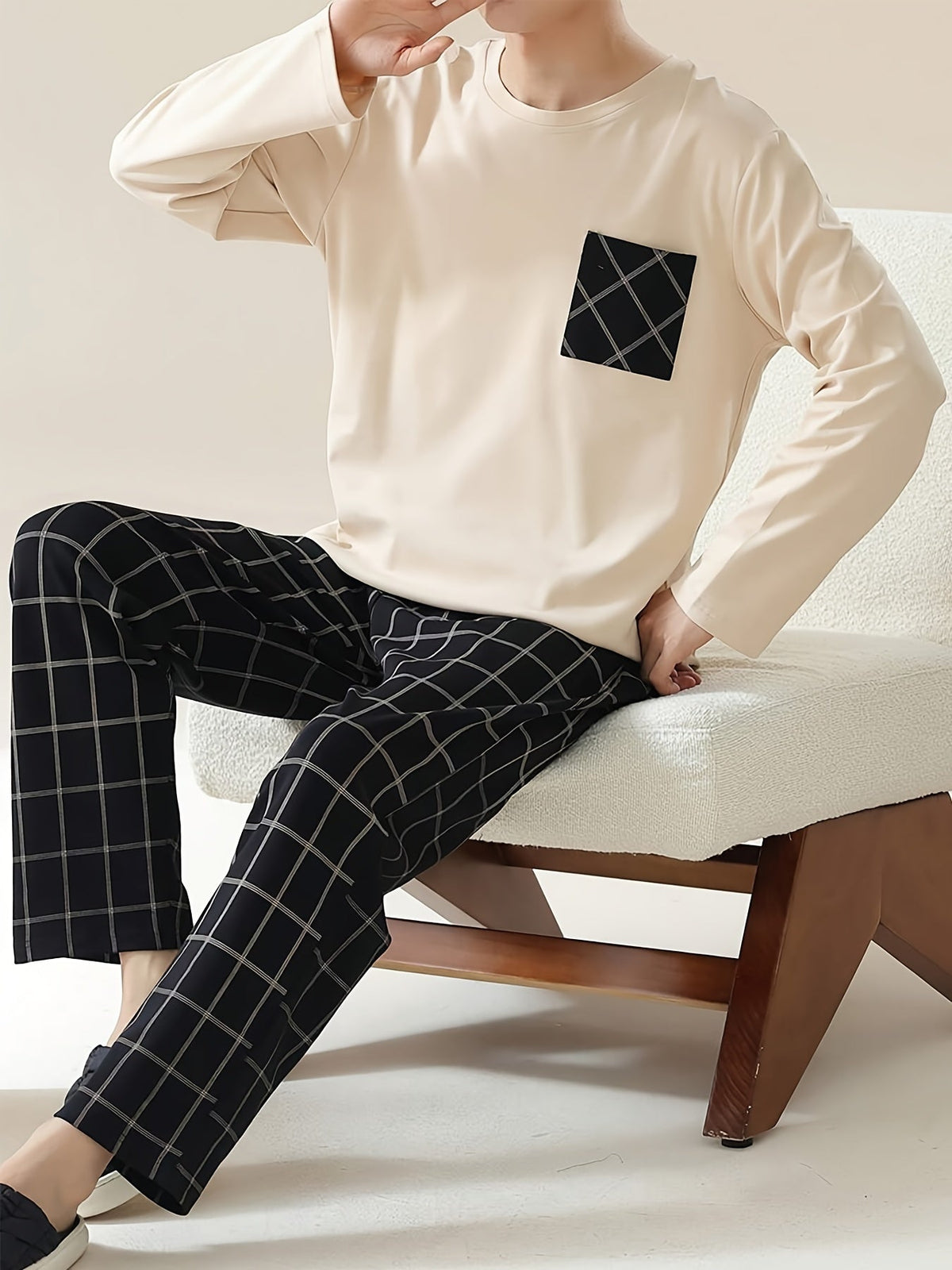 Pyjama Set Men's Long Sleeve Top Plaid Trousers – Loungewear, Sleepwear, Comfy Casual Gift