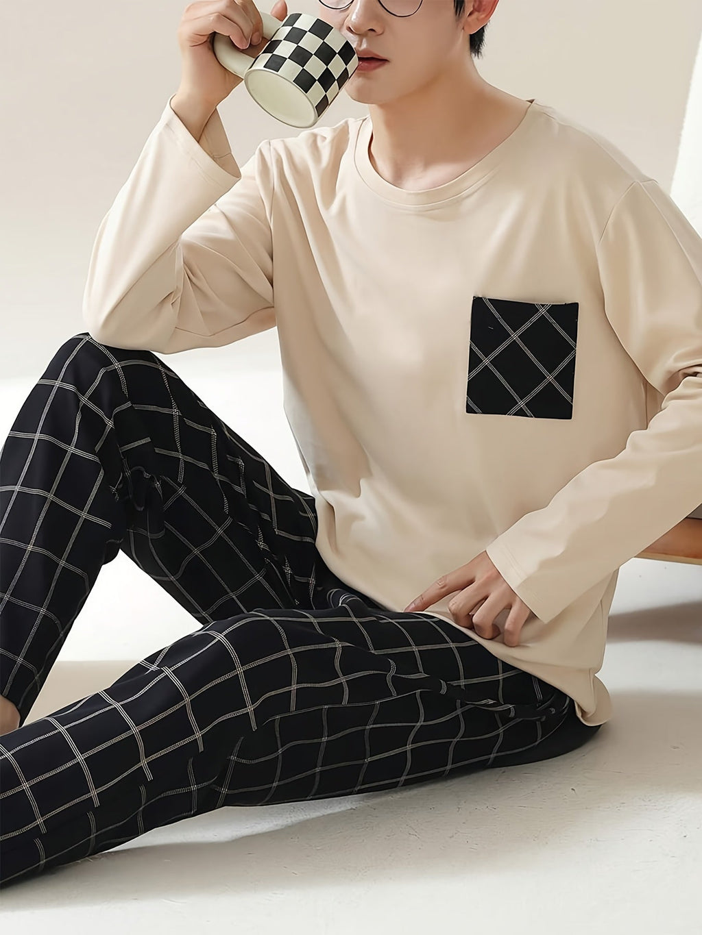 Pyjama Set Men's Long Sleeve Top Plaid Trousers – Loungewear, Sleepwear, Comfy Casual Gift