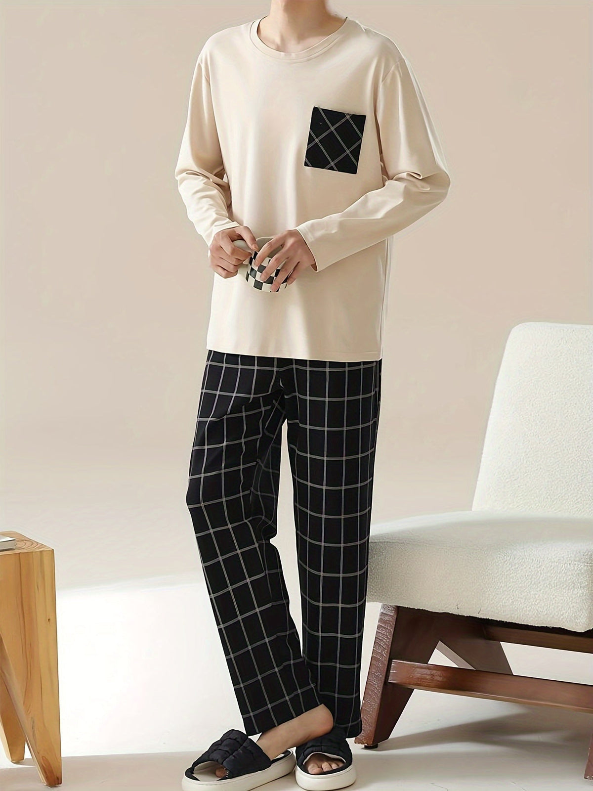 Pyjama Set Men's Long Sleeve Top Plaid Trousers – Loungewear, Sleepwear, Comfy Casual Gift