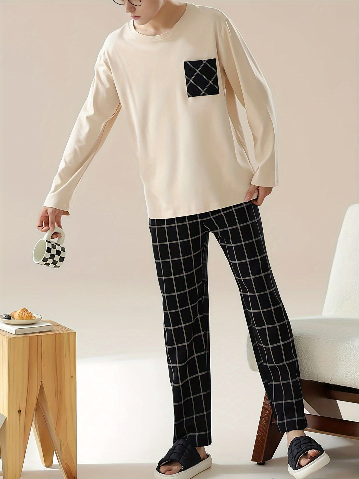 Pyjama Set Men's Long Sleeve Top Plaid Trousers – Loungewear, Sleepwear, Comfy Casual Gift
