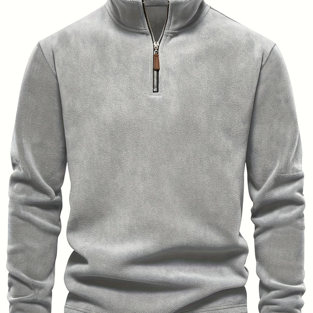 Quarter-Zip Fleece Pullover Men's Stand Collar Khaki Sweatshirt – Casual, Office, Everyday Warmth