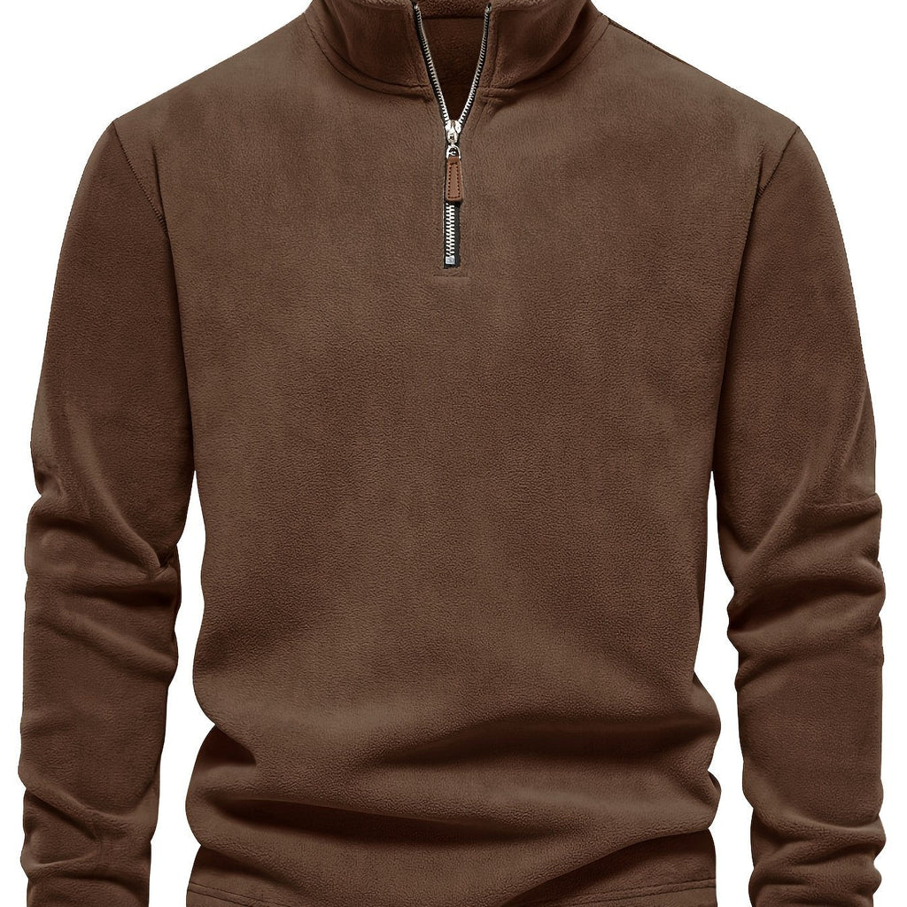 Quarter-Zip Fleece Pullover Men's Stand Collar Khaki Sweatshirt – Casual, Office, Everyday Warmth