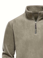 Quarter-Zip Fleece Pullover Men's Stand Collar Khaki Sweatshirt – Casual, Office, Everyday Warmth