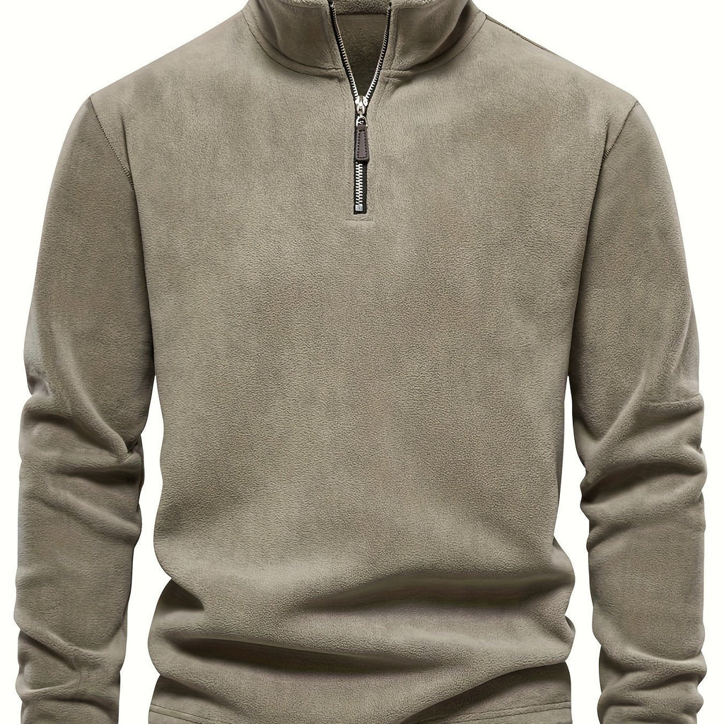 Quarter-Zip Fleece Pullover Men's Stand Collar Khaki Sweatshirt – Casual, Office, Everyday Warmth