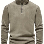 Quarter-Zip Fleece Pullover Men's Stand Collar Khaki Sweatshirt – Casual, Office, Everyday Warmth