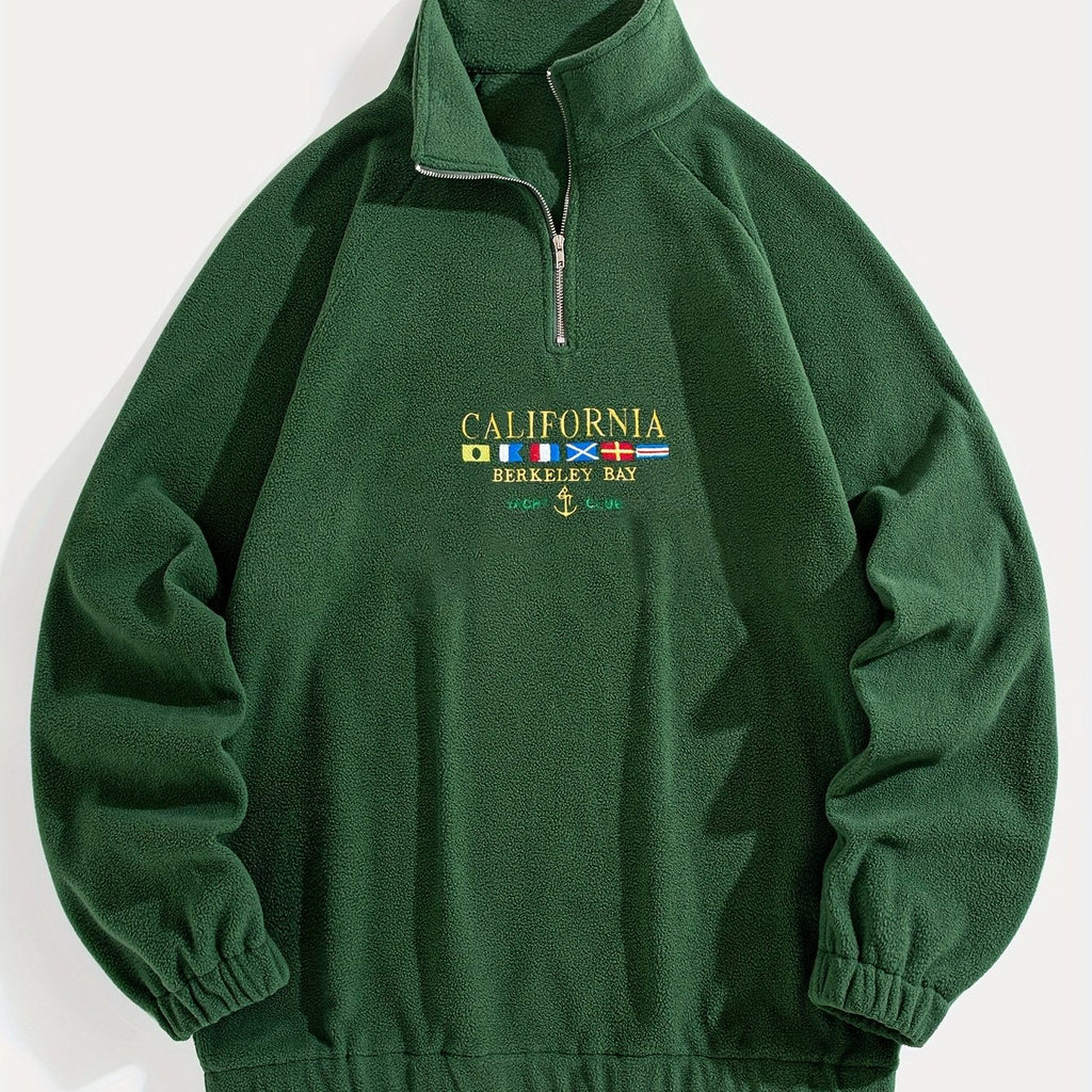 Quarter-Zip Fleece Sweatshirt Men's Black Embroidered Stand Collar Pullover – Casual, Winter, Gift