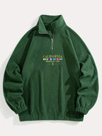 Quarter-Zip Fleece Sweatshirt Men's Black Embroidered Stand Collar Pullover – Casual, Winter, Gift