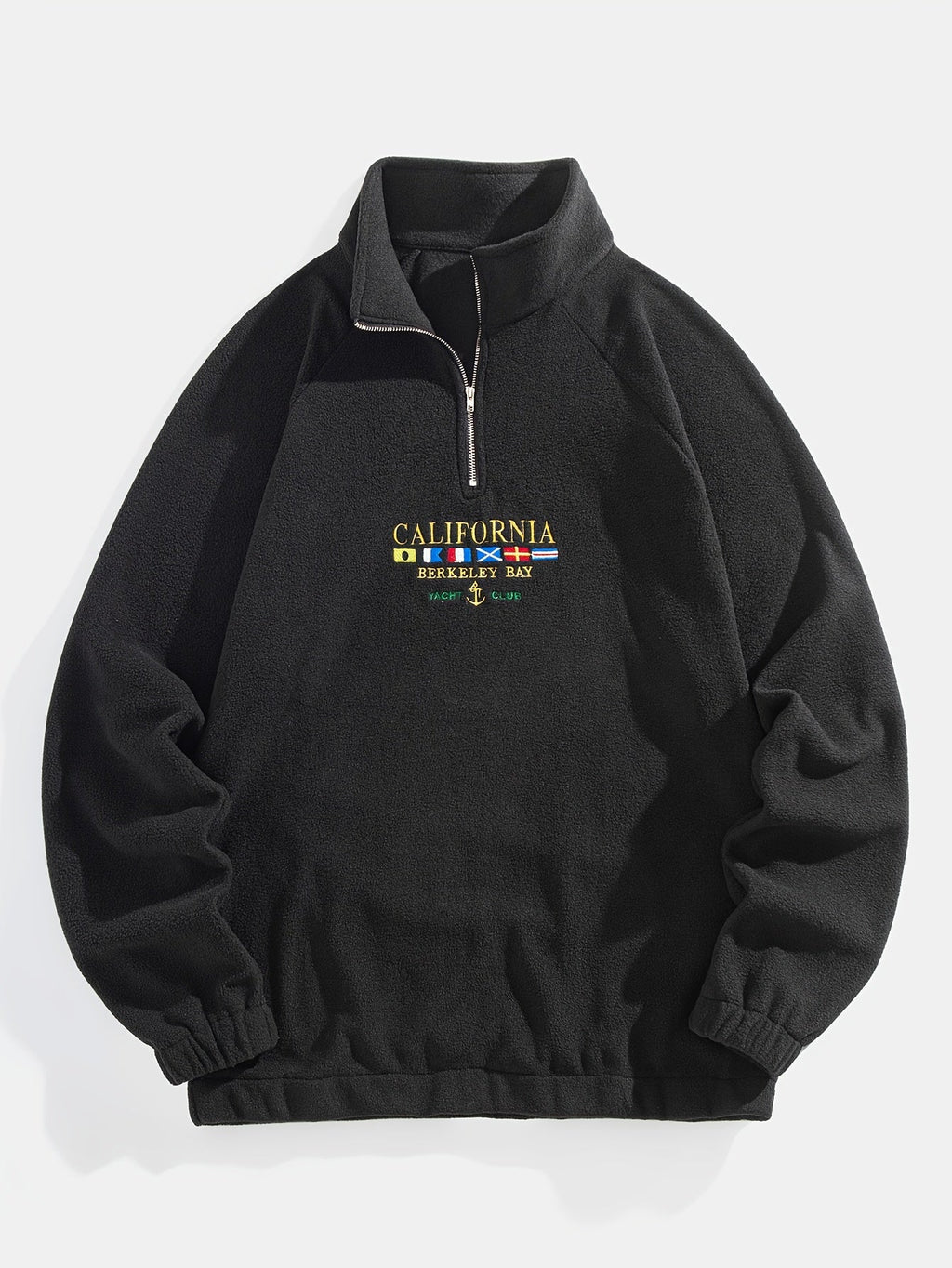 Quarter-Zip Fleece Sweatshirt Men's Black Embroidered Stand Collar Pullover – Casual, Winter, Gift