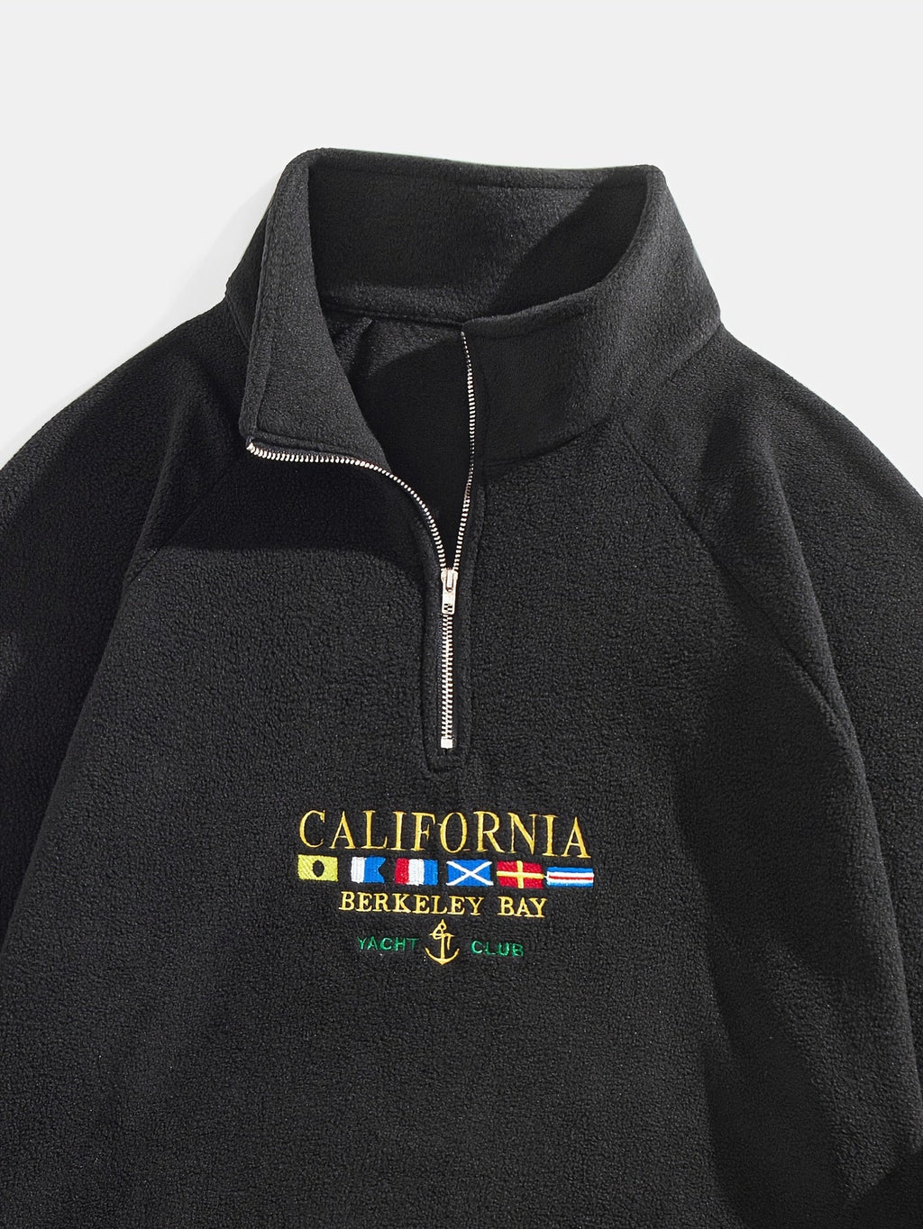 Quarter-Zip Fleece Sweatshirt Men's Black Embroidered Stand Collar Pullover – Casual, Winter, Gift