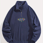 Quarter-Zip Fleece Sweatshirt Men's Black Embroidered Stand Collar Pullover – Casual, Winter, Gift