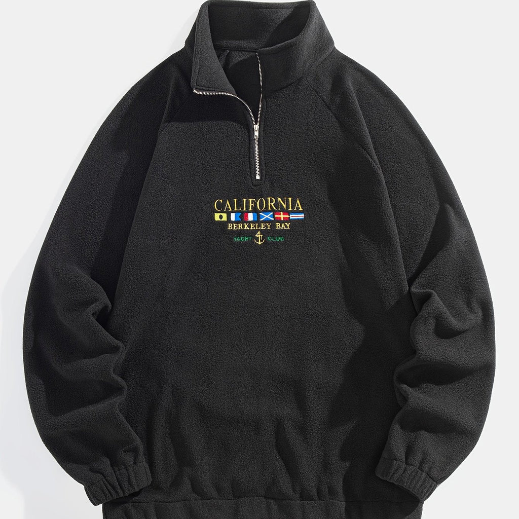 Quarter-Zip Fleece Sweatshirt Men's Black Embroidered Stand Collar Pullover – Casual, Winter, Gift