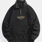 Quarter-Zip Fleece Sweatshirt Men's Black Embroidered Stand Collar Pullover – Casual, Winter, Gift