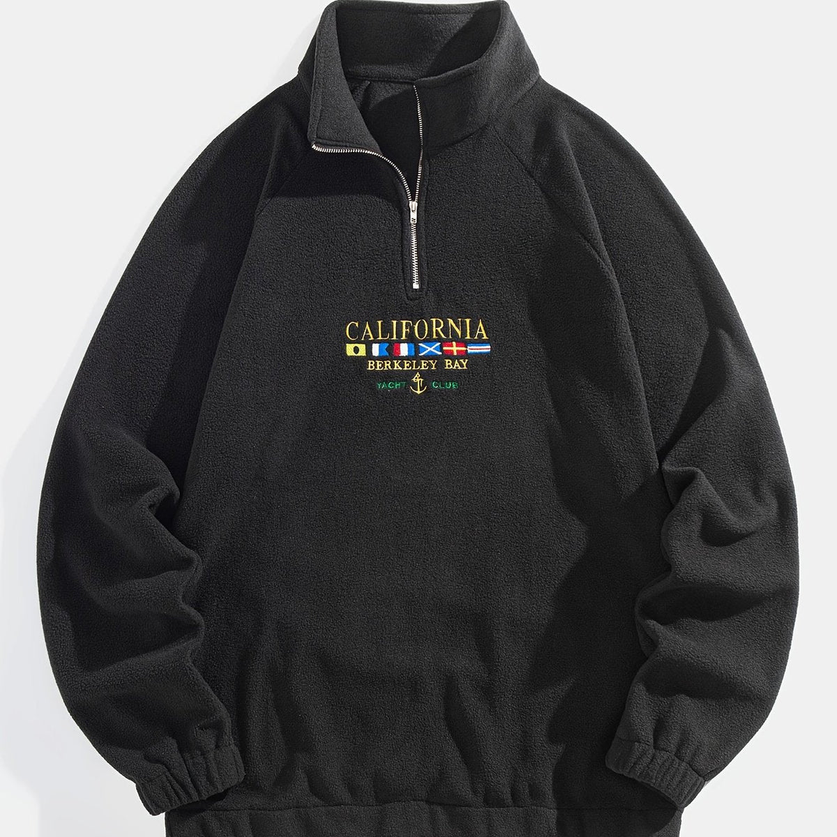 Quarter-Zip Fleece Sweatshirt Men's Black Embroidered Stand Collar Pullover – Casual, Winter, Gift