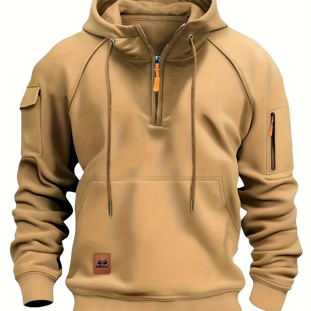 Quarter-Zip Hoodie Men's Black with Cargo Pocket & Drawstring Hood – Casual, Everyday Wear