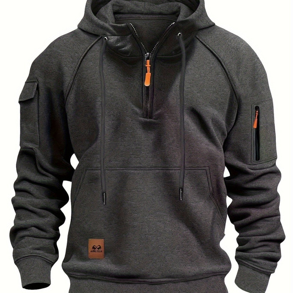 Quarter-Zip Hoodie Men's Black with Cargo Pocket & Drawstring Hood – Casual, Everyday Wear