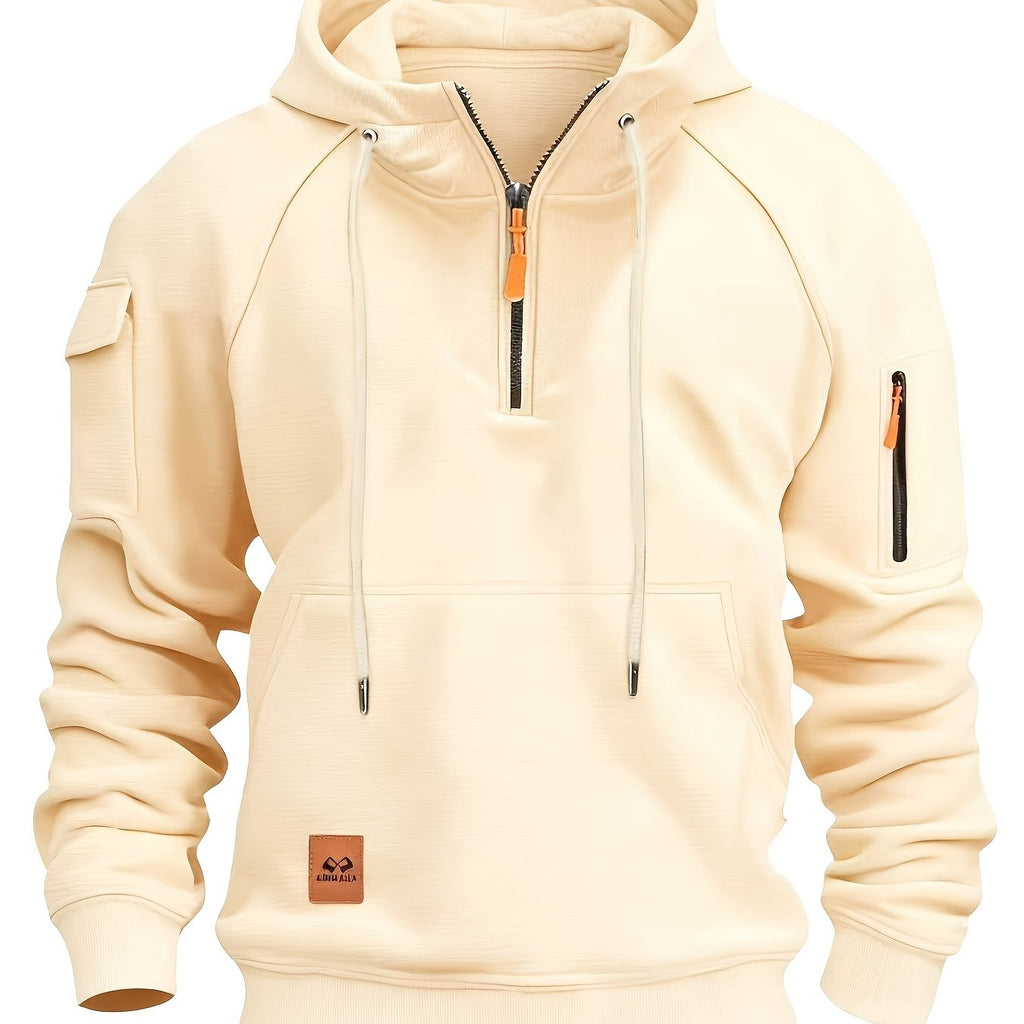 Quarter-Zip Hoodie Men's Black with Cargo Pocket & Drawstring Hood – Casual, Everyday Wear