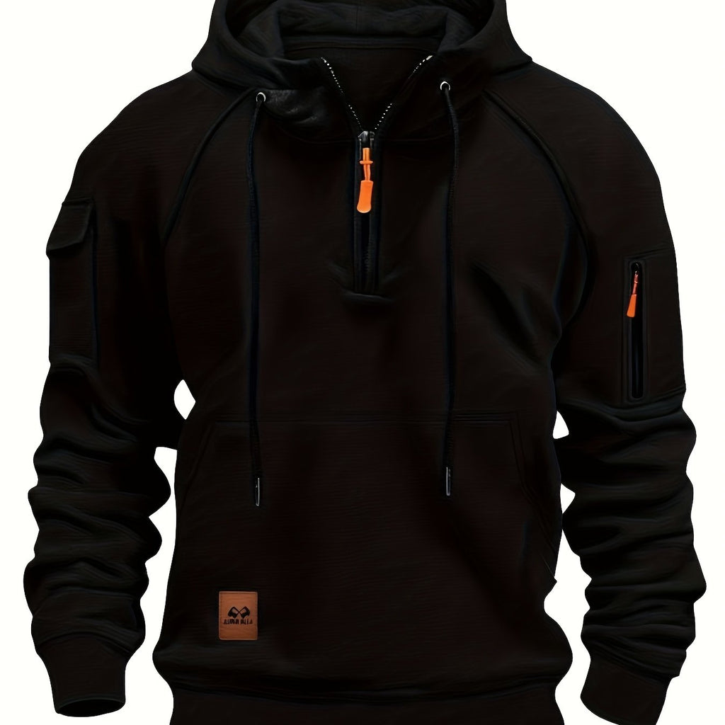 Quarter-Zip Hoodie Men's Black with Cargo Pocket & Drawstring Hood – Casual, Everyday Wear