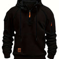 Quarter-Zip Hoodie Men's Black with Cargo Pocket & Drawstring Hood – Casual, Everyday Wear